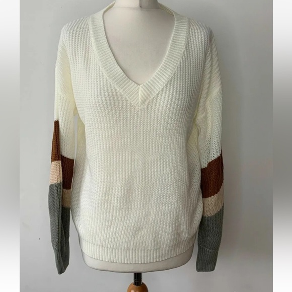 SHEIN Sweaters - SHEIN Knit Sweater Striped Arms Size S 8 / 10 V-Neck Preppy Jumper